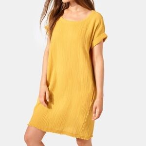 Eileen Fisher Yellow Organic Cotton Short Sleeve Quazy Casual Dress Pockets XS